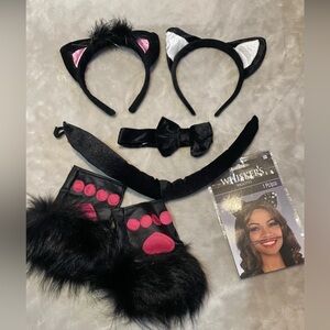 BLACK CAT HEADBANDS, TAIL, GLOVETTES, WHISKERS & NECK BOW TIE
